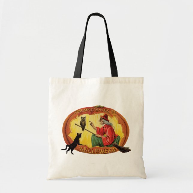 Tote Bag Halloween, sorcière, chat noir & hibou (Devant)