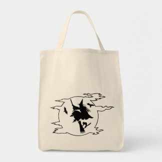 Tote Bag Halloween sorcière pilon à balai avec chat et chau