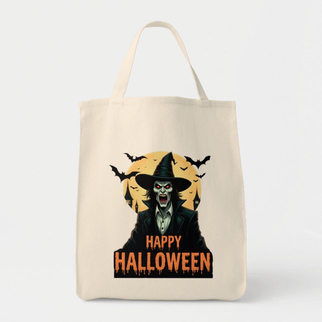 Tote Bag halloween, sorcière, pleine lune, chauves-souris,  (Devant)