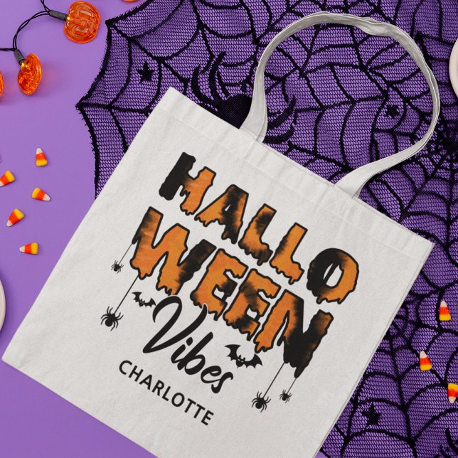 Tote Bag Halloween Vibes Typographie moderne Nom personnali (Créateur téléchargé)