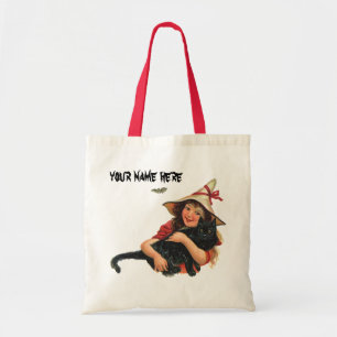 Tote Bag Halloween vintage, sorcière avec chat noir