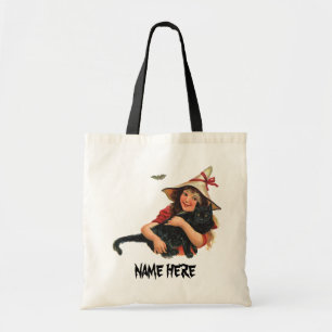 Tote Bag Halloween vintage, Sorcière fille avec chat noir