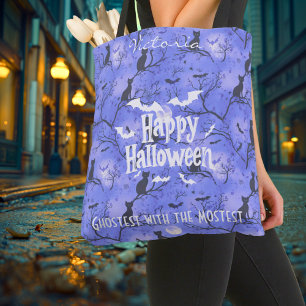 Tote Bag Halloween violet avec chats noirs et chauves-souri