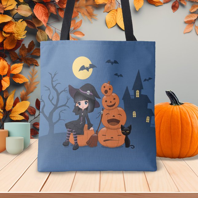 Tote Bag Halloween Witch, Chat noir et Citrouille (Créateur téléchargé)
