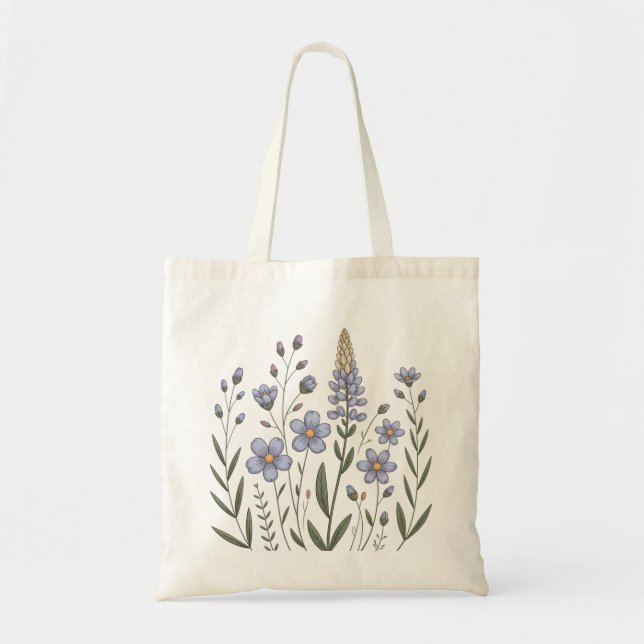 Tote Bag Hand-Drawn Blue Floral Pattern – Garden Inspired (Devant)