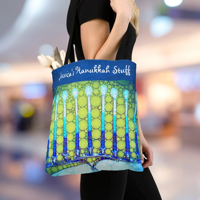 Tote Bag Hanoukka Blue Green Menorah Nom personnalisé tenda (Créateur téléchargé)