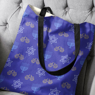 Tote Bag Hanoukka Gold Dreidel Star de David Menorah Blue