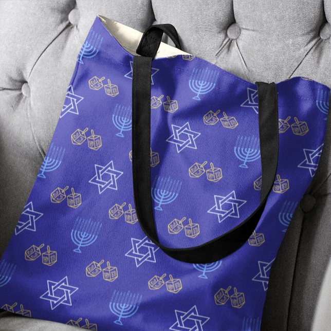 Tote Bag Hanoukka Gold Dreidel Star de David Menorah Blue (Créateur téléchargé)