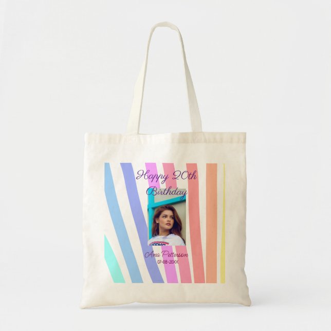 Tote Bag Happy 20th Birthday rainbow rustic boho lines phot (Devant)