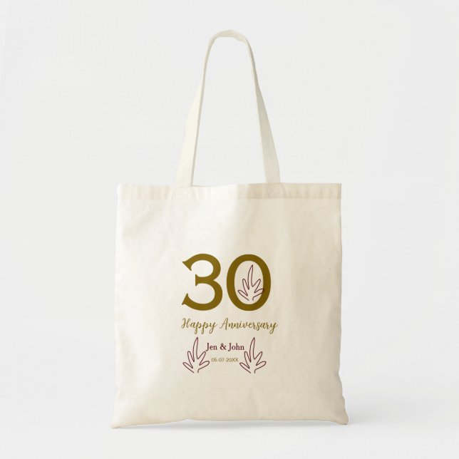 Tote Bag Happy 30th anniversary name date golden red leaf (Devant)