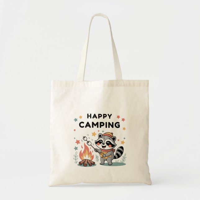 Tote Bag Happy Camping Raccoon, Cartoon de feu de camp mign (Devant)