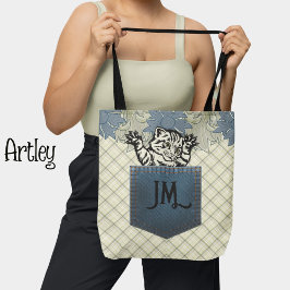 Tote Bag Happy Chat Bleu Floral Pays Plaid Jean Pocket