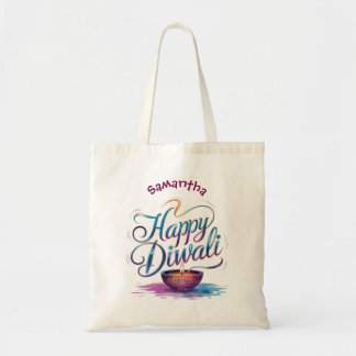 Tote Bag Happy Diwali customisable watercolour diya design