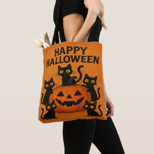 Tote Bag Happy Halloween Chat noir et Citrouille