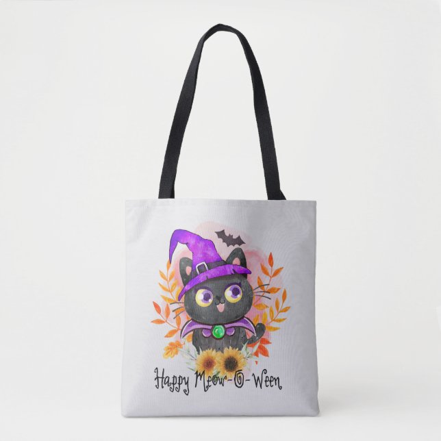 Tote Bag Happy Meow-o-ween -Chat Sorcière Noire (Devant)