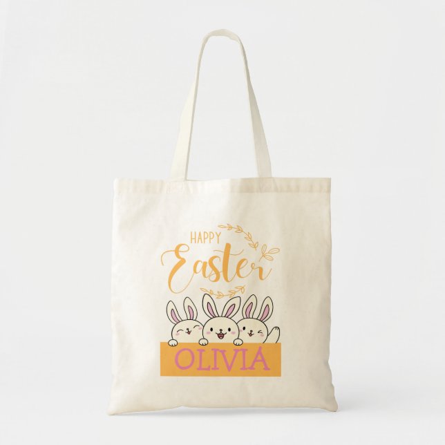 Tote Bag Happy Pâques mignonette Bunny Nom personnalisé (Devant)