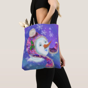 Tote Bag Happy Snowman Dans Purple Rose Beanie Hiver Casque