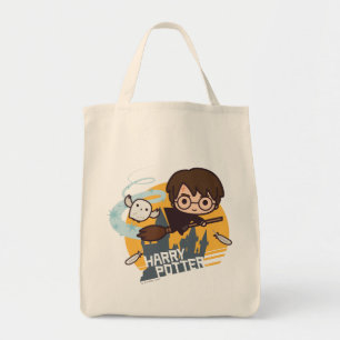Tote Bag Harry et Hedwig en cartoon volant devant Poudlard