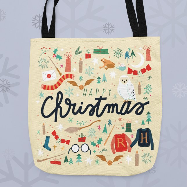 Tote Bag Harry Potter | Joyeux Noël Avec Icônes Festives (Tote bag on snowflake background)