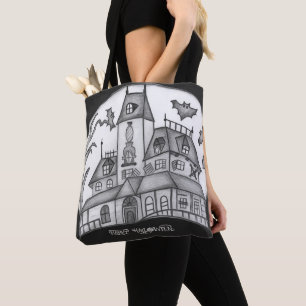 Tote Bag Haunted House and Bats Halloween