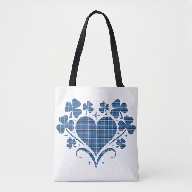 Tote Bag Heart Shamrock Plaid Blue Classic Clover (Devant)