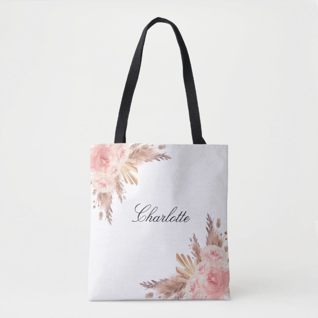 Tote Bag herbe des Pampas rose gold floral blanc nom (Devant)