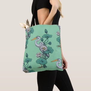 Tote Bag Héron dans le jardin de lotus blanc sur jade