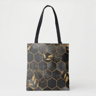 Tote Bag Hexagon de marbre, Texture Feuille d'or.