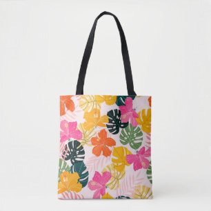 Tote Bag Hibiscus et monstère feuille motif tropical desi