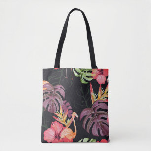 Tote Bag Hibiscus, Flamants roses, Aquarelle Motif tropical