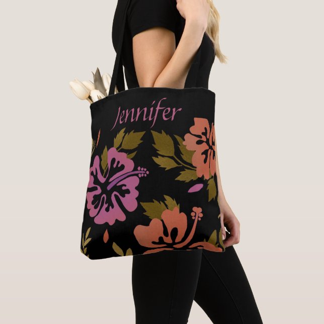 Tote Bag Hibiscus Flowers Hawaiian design rose nom pêche (De près)