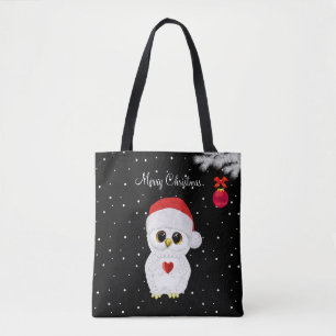 Tote Bag Hibou de Noël blanc sur fond noir