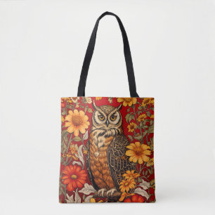 Tote Bag Hibou rayé et fleurs de Zinnia