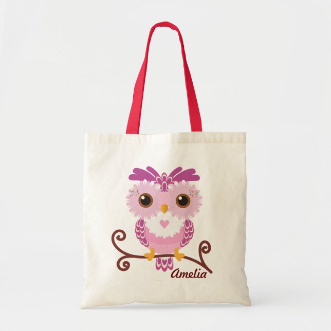 Tote Bag Hibou rose d'enfants et pourpre Girly (Devant)