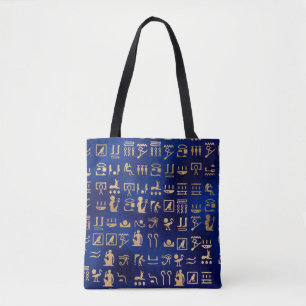 Tote Bag Hiéroglyphes Anciens Égyptiens Dorés sur Fond Bleu