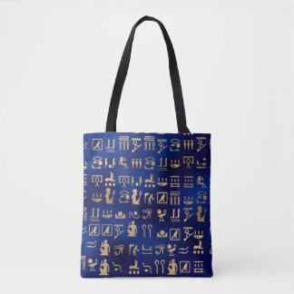 Tote Bag Hiéroglyphes Anciens Égyptiens Dorés sur Fond Bleu