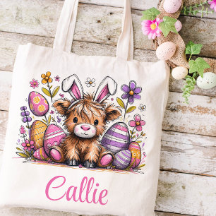 Tote Bag Highland Cow Pâques Enfants Nom Girls Bunny