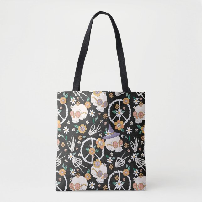 Tote Bag Hippie Halloween Skulls et Fleurs Motif (Devant)