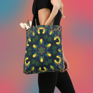 Tote Bag Hippie psychédélique jaune vert et bleu
