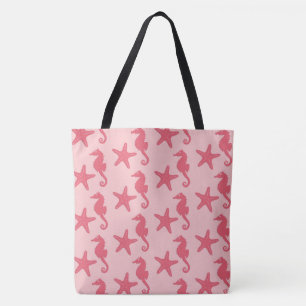 Tote Bag Hippocampe et étoiles de mer - nuances de corail r