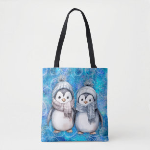 Tote Bag Hiver Bleu Aquarelle Pingouins Écarts Casquette