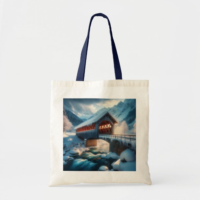 Tote Bag Hiver, pont enneigé et rivière (Devant)