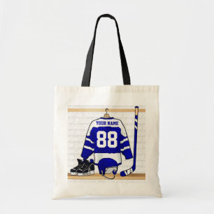 Tote Bag Hockey sur glace bleu et blanc personnalisé Jerse