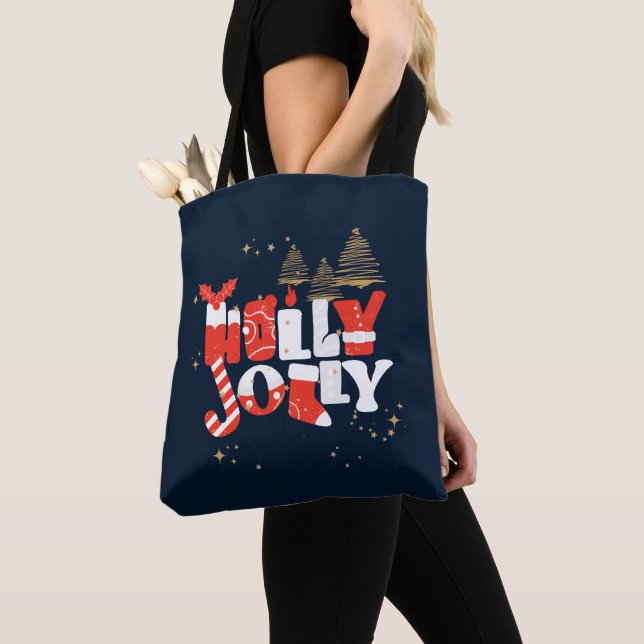 Tote Bag Holly Jolly Rouge Blanc Or Noël hiver (De près)