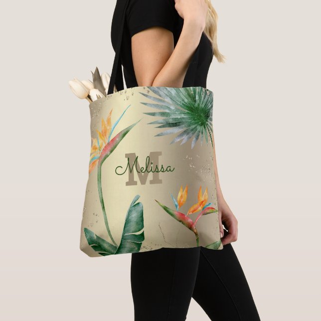 Tote Bag Huile d'or Tropical Island Floral Monogramme Scrip (De près)