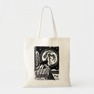 Tote Bag Husky Howling noir et blanc à Night Linocut