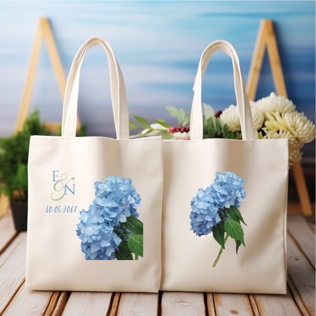 Tote Bag Hydrangeas Bleus Mariage Monogrammé (Créateur téléchargé)