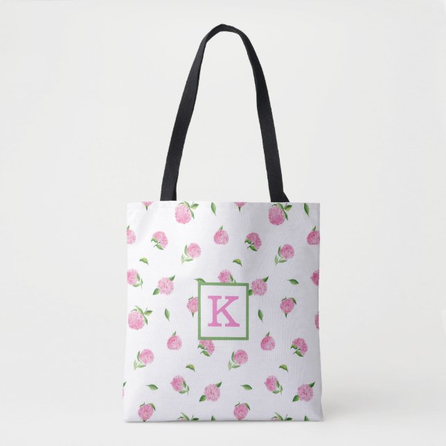 Tote Bag Hydrangeas Roses Monogramme Aquarelle (Devant)