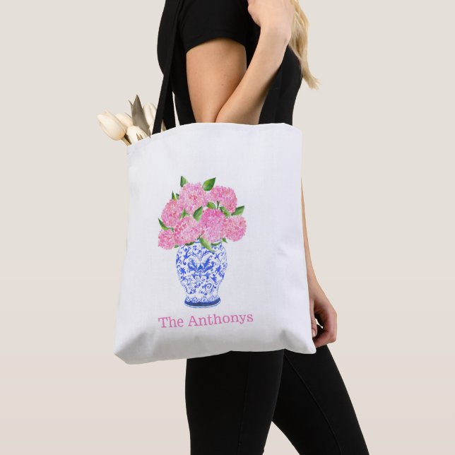 Tote Bag Hydrangée rose à l'aquarelle chinoiserie nom (De près)
