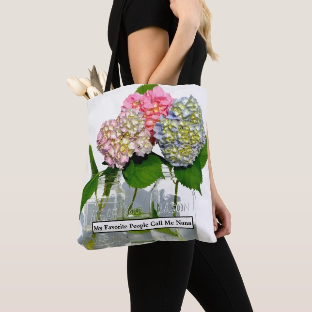 Tote Bag Hydrangées florales rose pâle bleu jaune vert (De près)